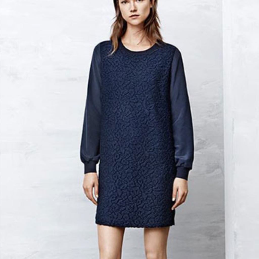Vince Lace Overlay Silk Navy Blue Long Sleeve Knee Length Dress S $425